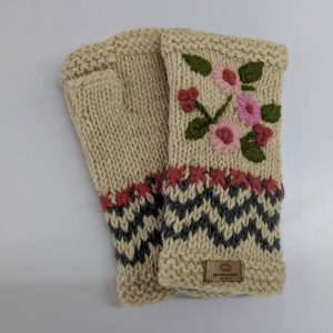 Flower Printed Woolen Cream Color Handglove