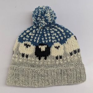 Flower Printed Woolen Hat Blue and Cream Color