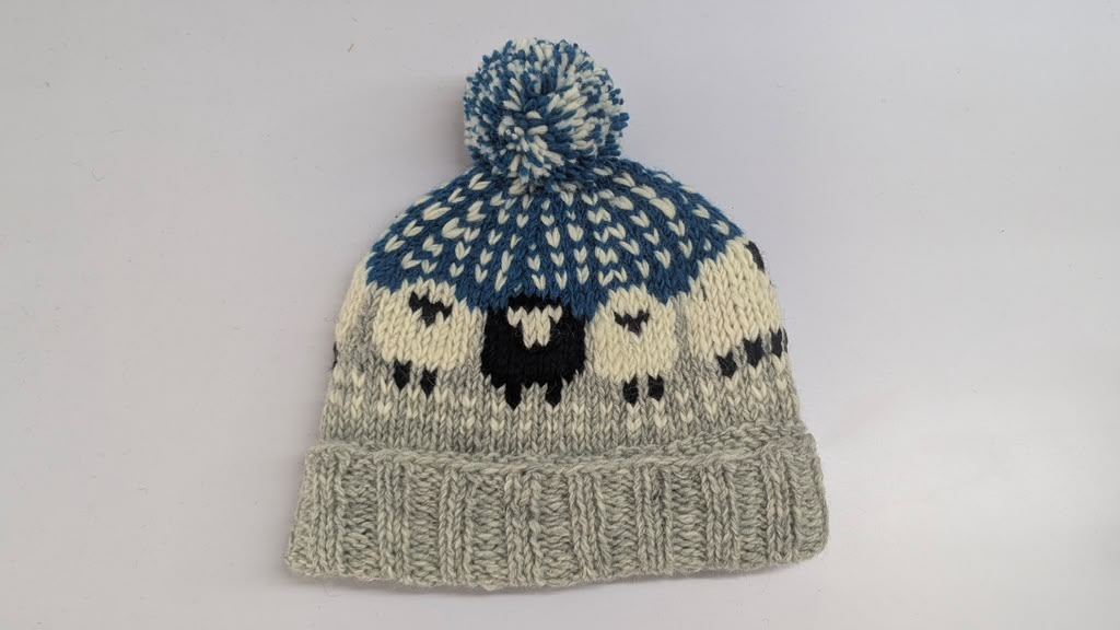 Flower Printed Woolen Hat Blue and Cream Color