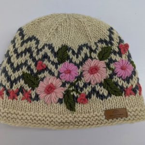 Flower Printed Woolen Hat Cream Color