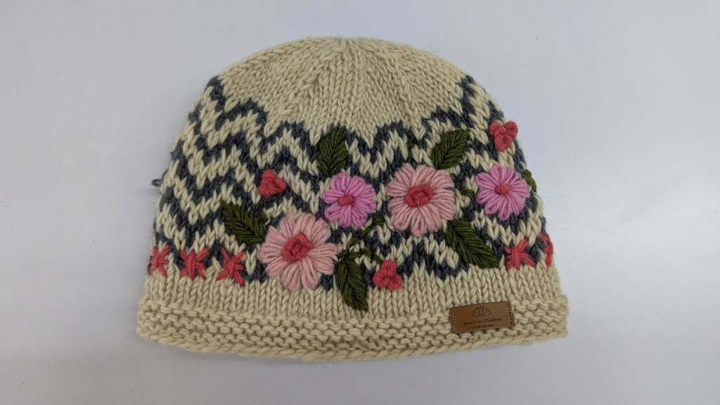 Flower Printed Woolen Hat Cream Color