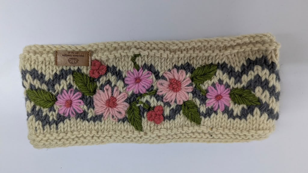 Flower Printed Woolen Headband Cream Color