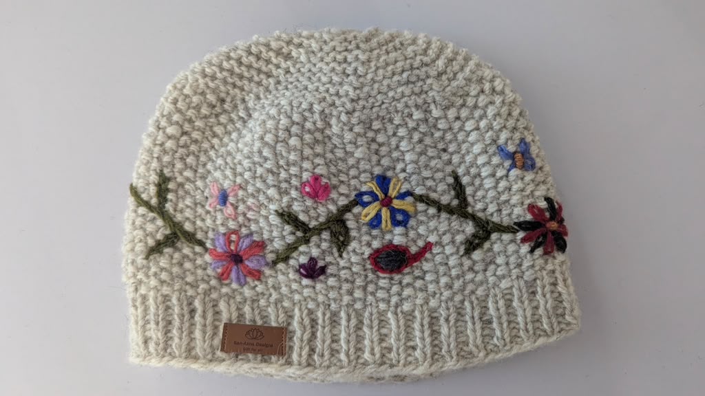 Flower Printed Woolen Hat White Color